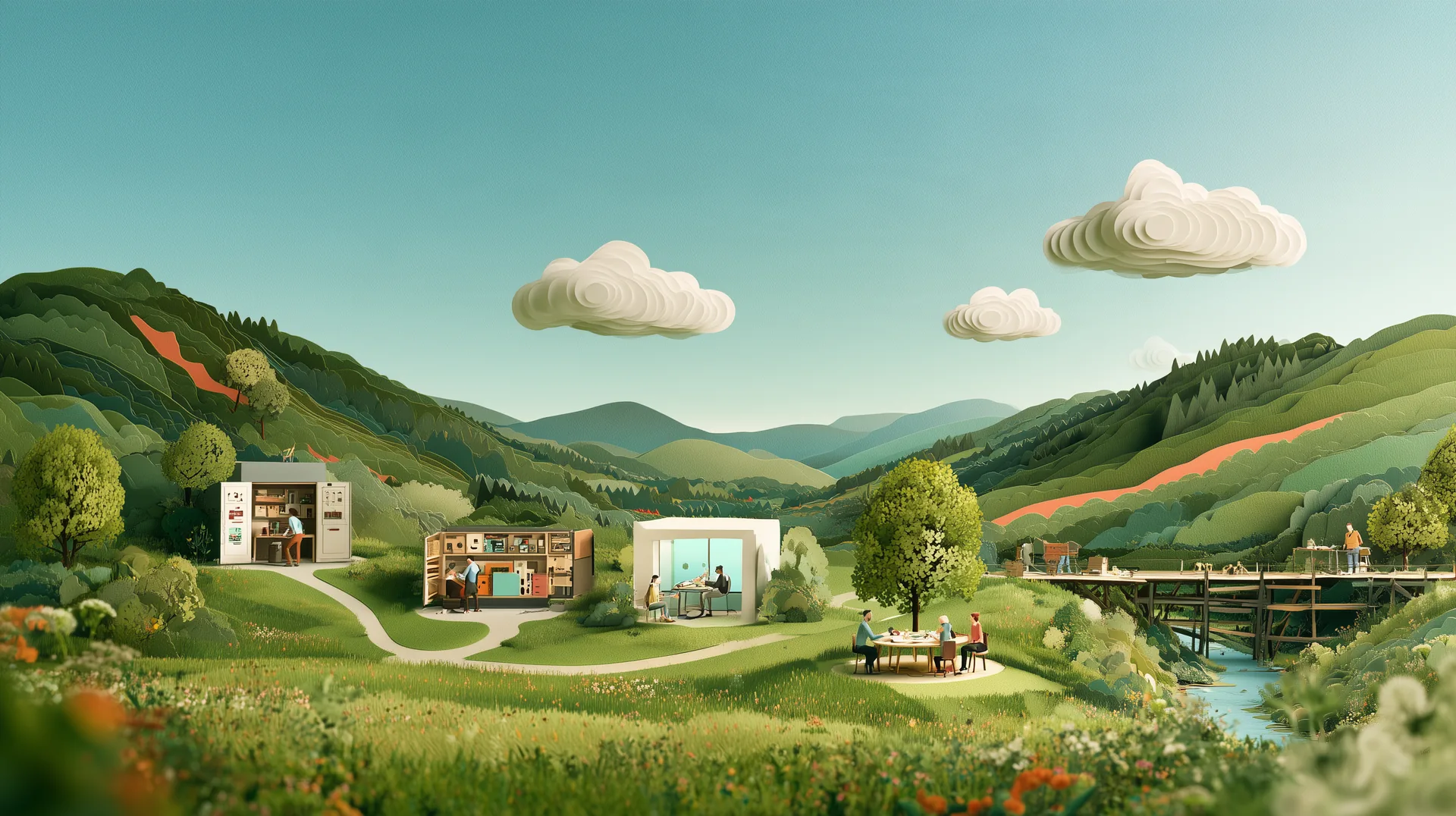 Mitteldeutsche Mittelgebirgslandschaft als Papierschnitt-Diorama mit fünf durch Wege verbundenen Arbeitsorten