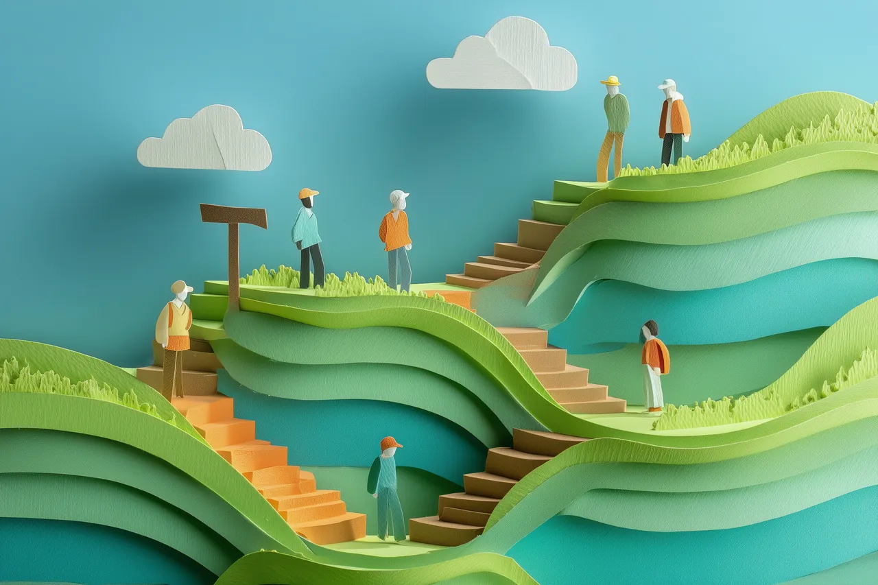 Papierlandschaft mit mehreren Treppen auf verschiedenen Ebenen, auf denen Menschen unterwegs sind; daneben ein Wegweiser.